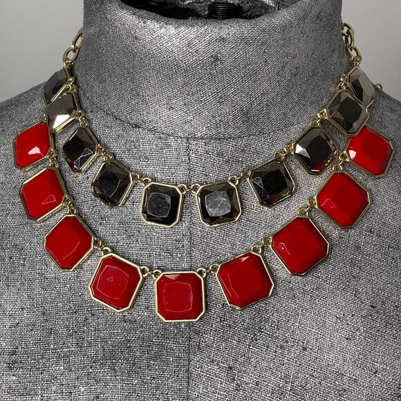 Cookie Lee necklace Chrome Gray and Red statement signed jewelry in gold tone - Picture 1 of 13
